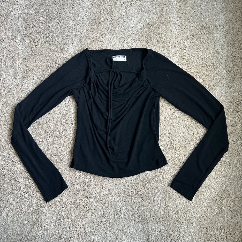 We The Free Black Ruched Long Sleeve Blouse with Tie front